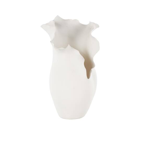 14.75" White Ceramic Abstract Floral Inspired Vase with Wavy Edge